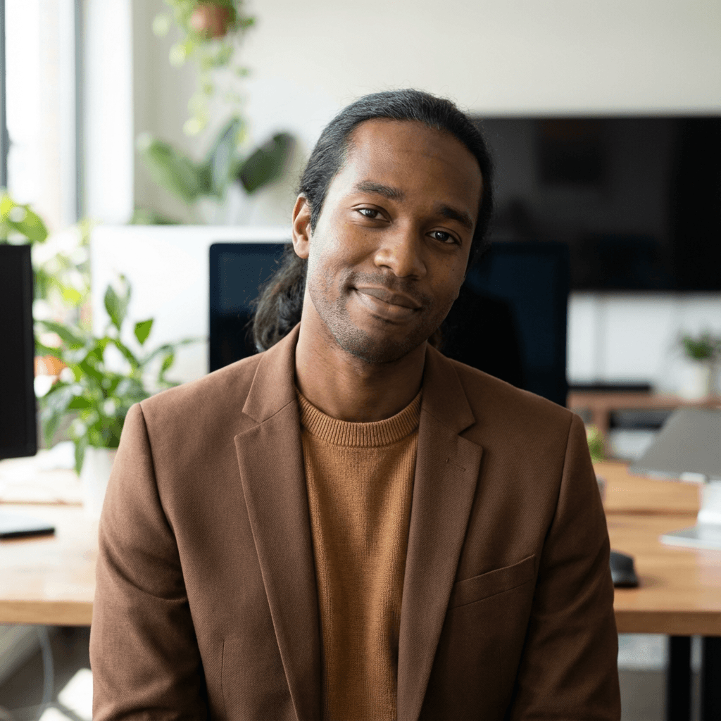 Omar H. smiling in a modern office setting