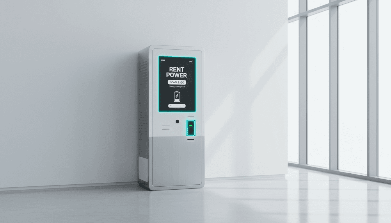 Shahna Q power bank rental kiosk in a Doha shopping center