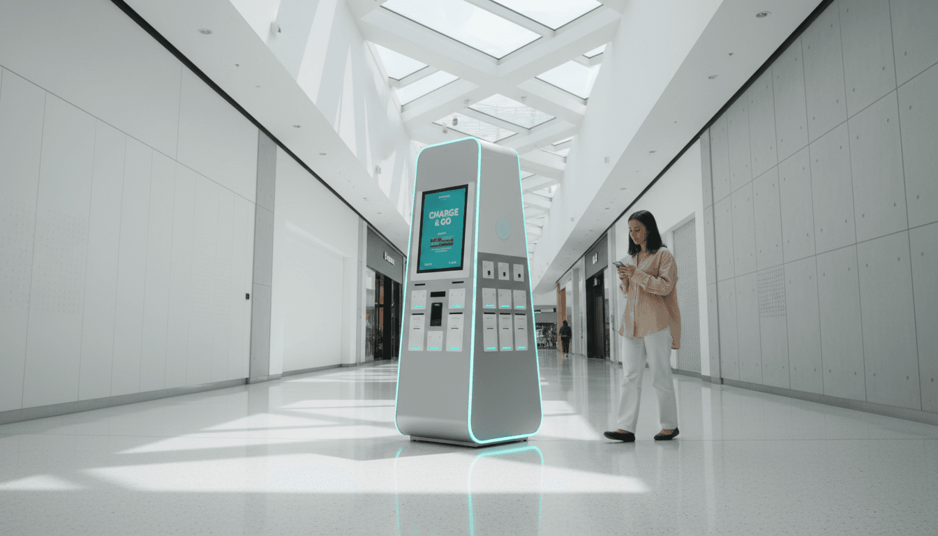 Sleek Shahna Q power bank kiosk in a bright Doha mall corridor