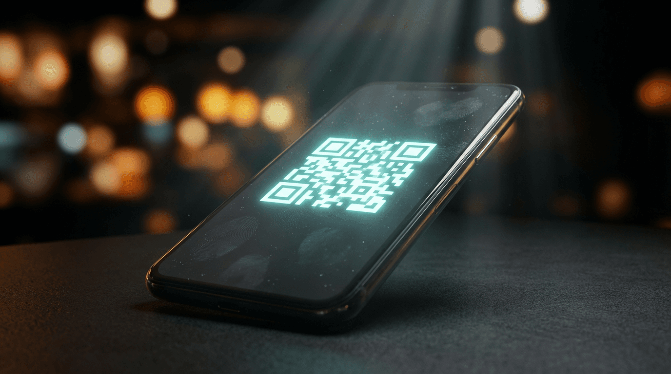 Close-up of a hand scanning a QR code on a glowing kiosk screen in a metro station